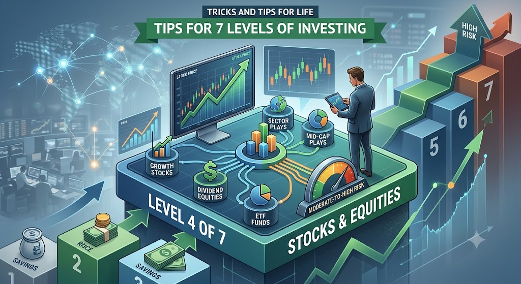 Level 4 of 7 Stocks and Equities (moderate-to-high risk) | Tips for 7 Levels of Investing from Low to High Risk | Tricks and Tips for Life